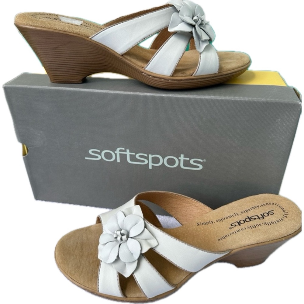 Softspots 10WW Sedona White Leather Crossover Floral Wedge Slide Sandals